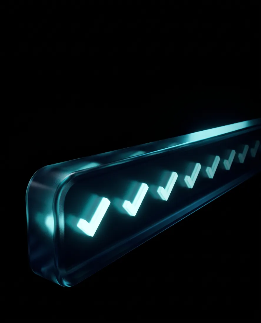 A glass rail carrying a row of glowing teal checkmarks
