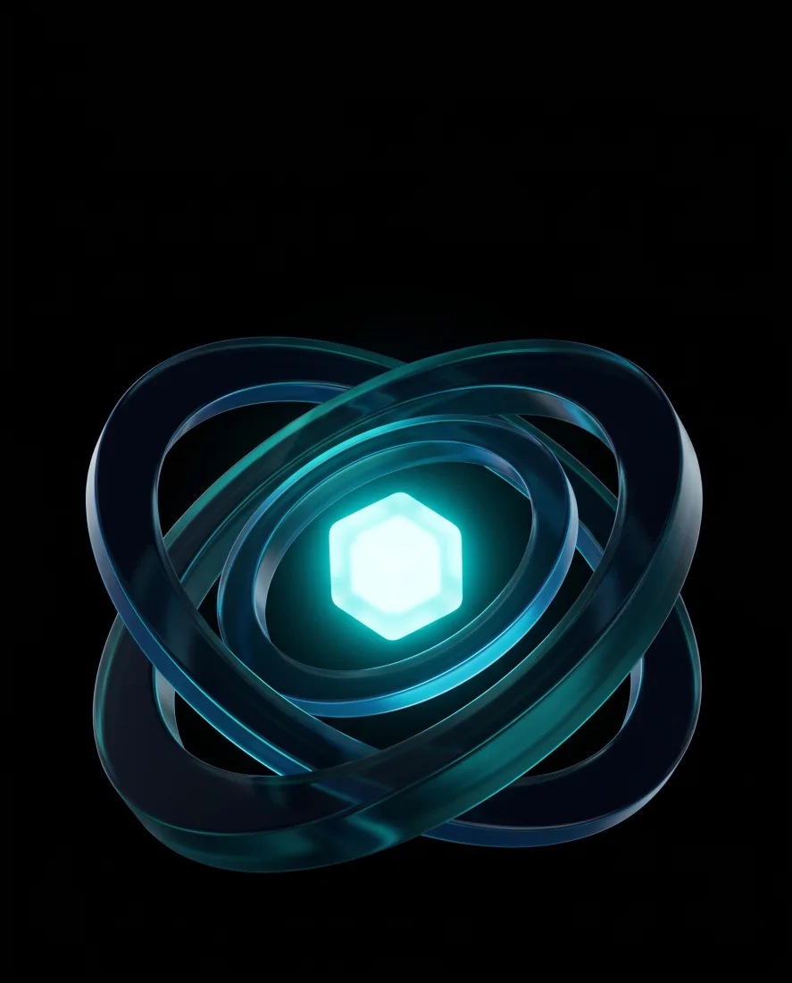 A glowing teal data core encircled by concentric glass rings
