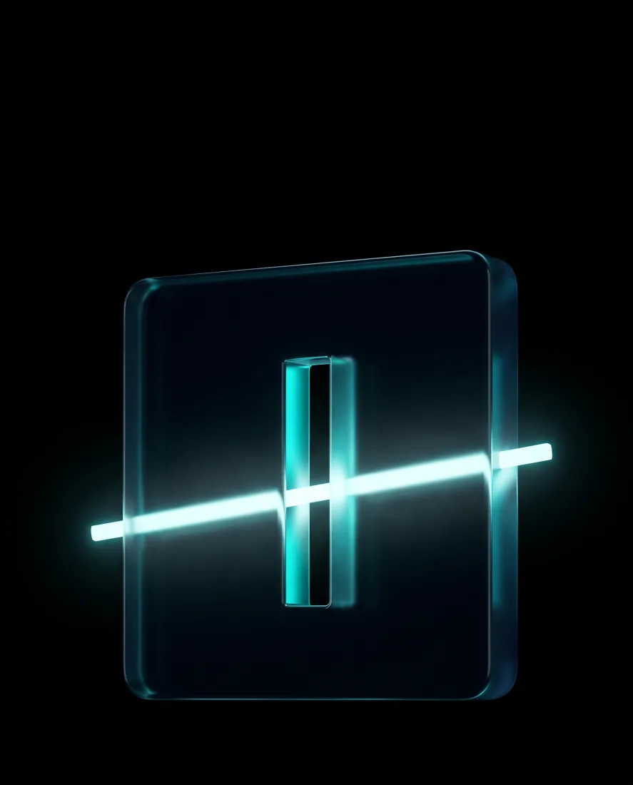 A glass gateway with a single beam of teal light passing through one aperture