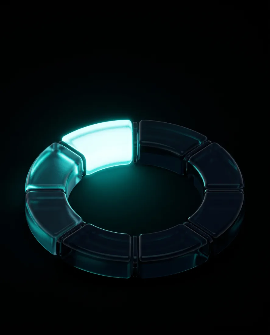 A glass ring circuit with one segment glowing teal