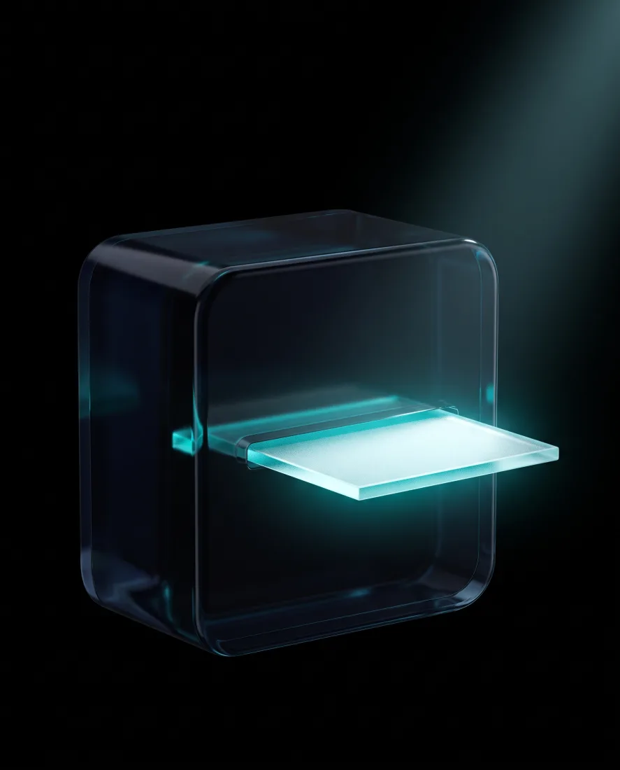 A single bright glass extract drawn from a sealed dark glass block