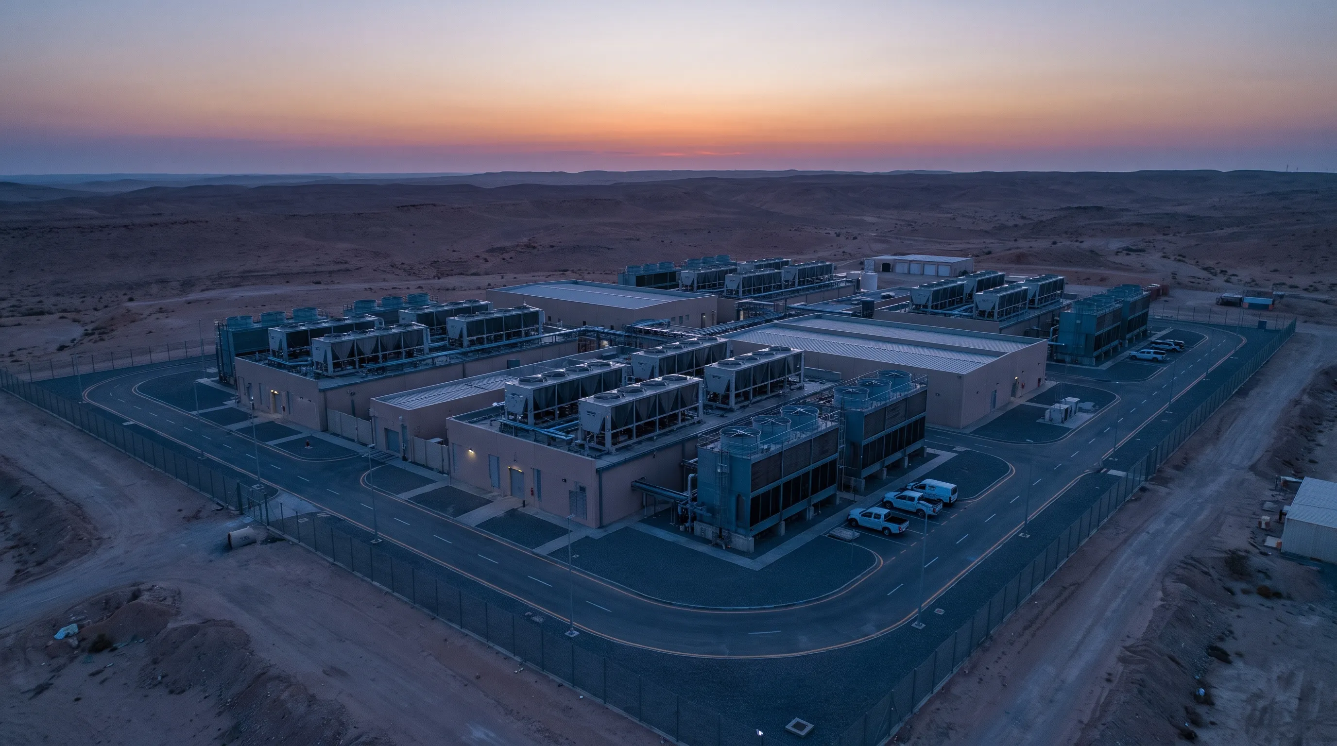 An Australian data centre facility at dusk under a cool sky